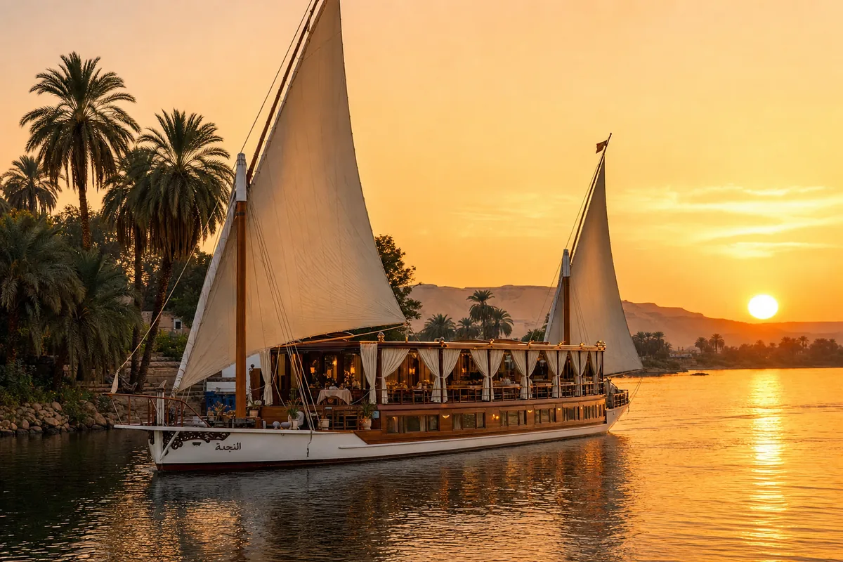 Dahabeya sailing on the Nile at sunset