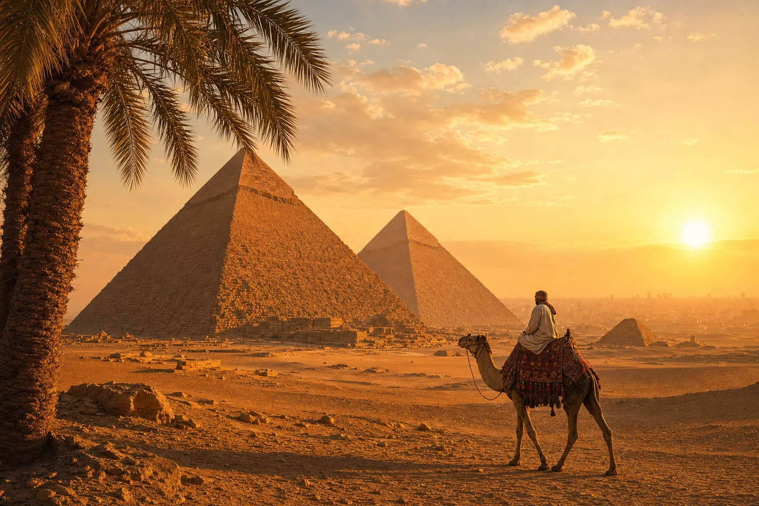 Camel rider before the Great Pyramids of Giza at golden hour